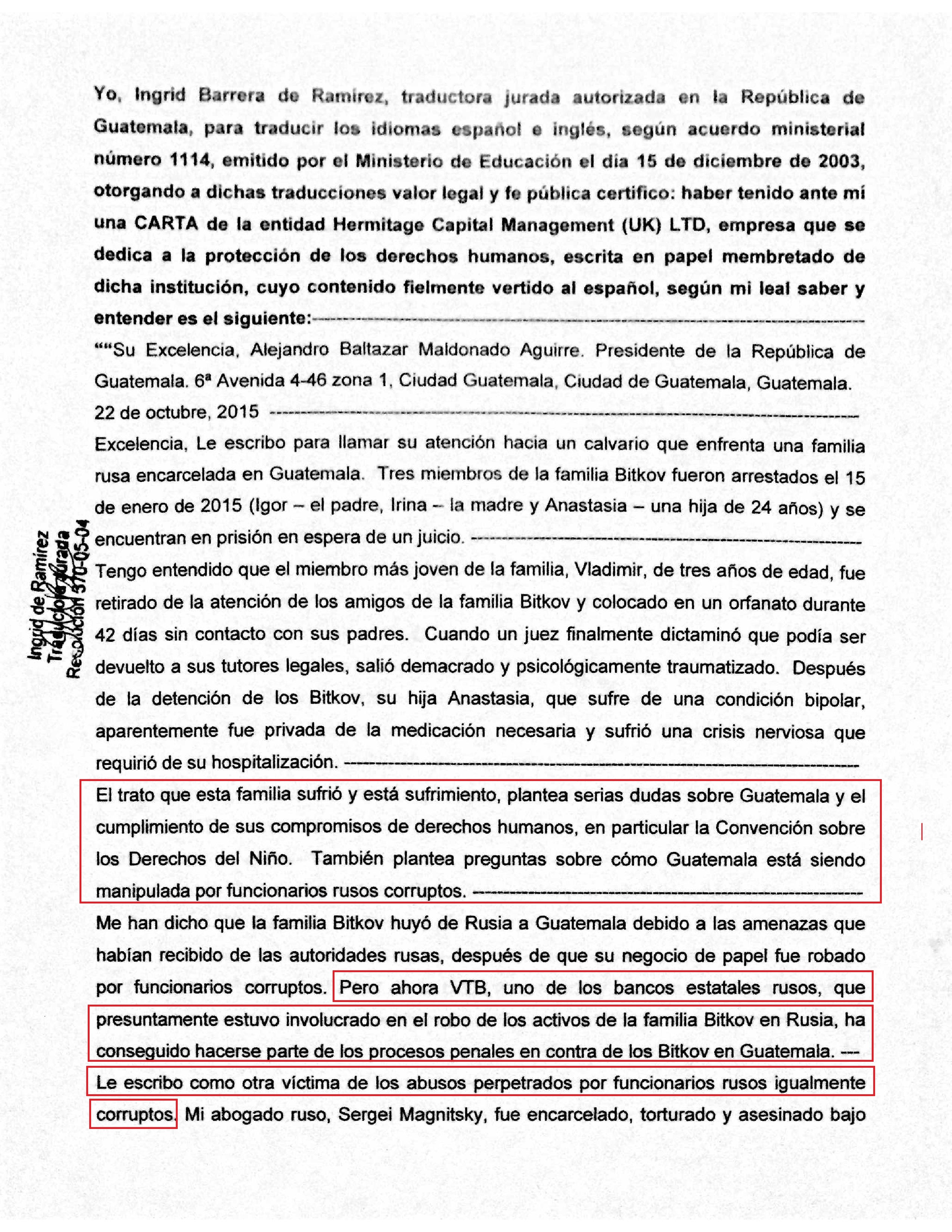 Traducción Jurada Carta de Bill Browder para Alejandro Baltazar Maldonado Aguirre Presidente de la República de Guatemala (parte uno)