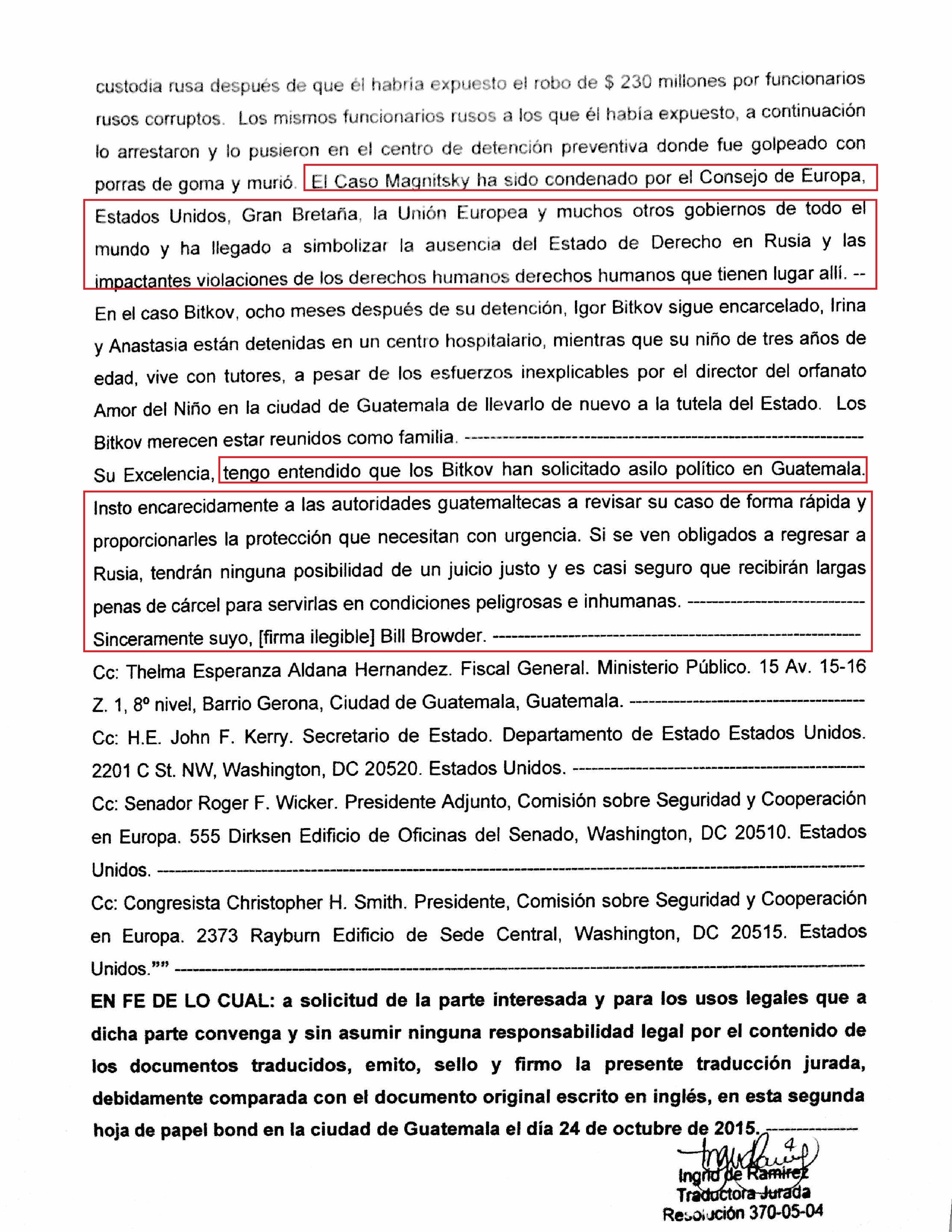 Traducción Jurada Carta de Bill Browder para Alejandro Baltazar Maldonado Aguirre Presidente de la República de Guatemala (parte dos)