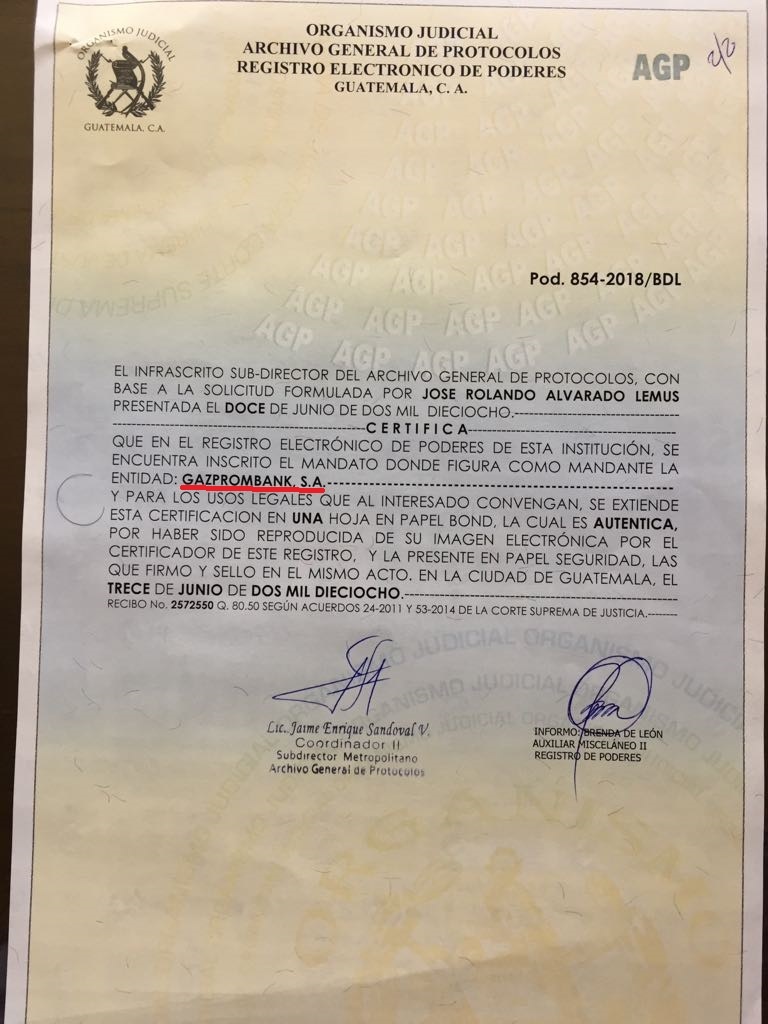 Certificación Mandato Gazprombak para Alfonso Carrillo