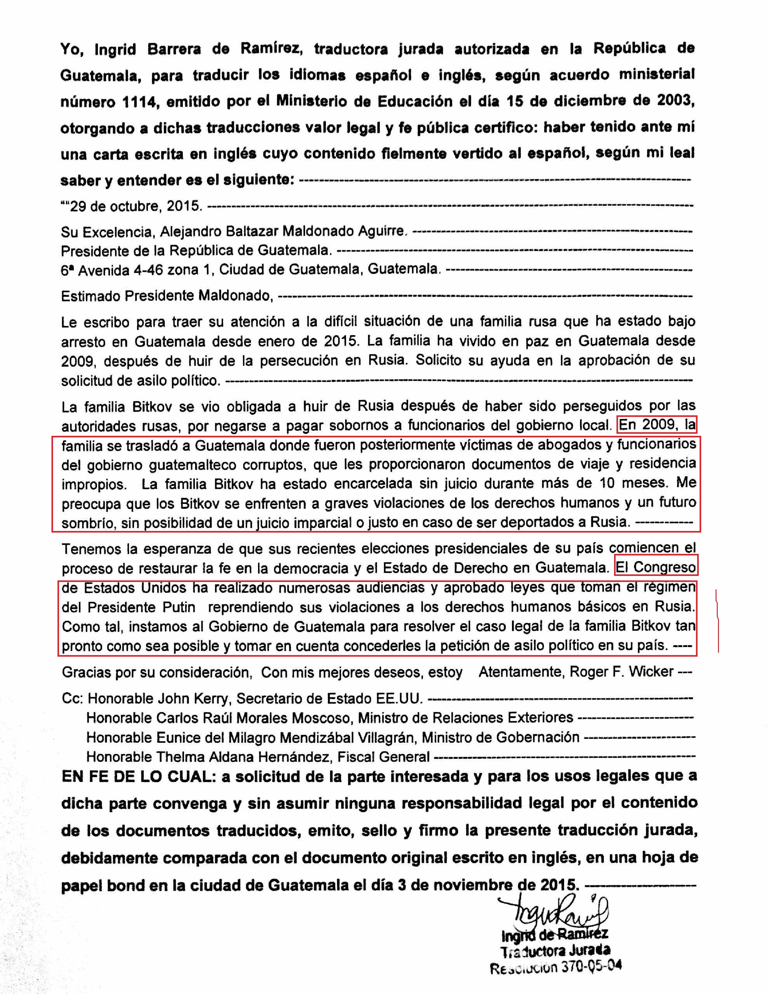 Traducción Jurada Carta de Roger F Wicker para Alejandro Baltazar Maldonado Aguirre Presidente de la República de Guatemala
